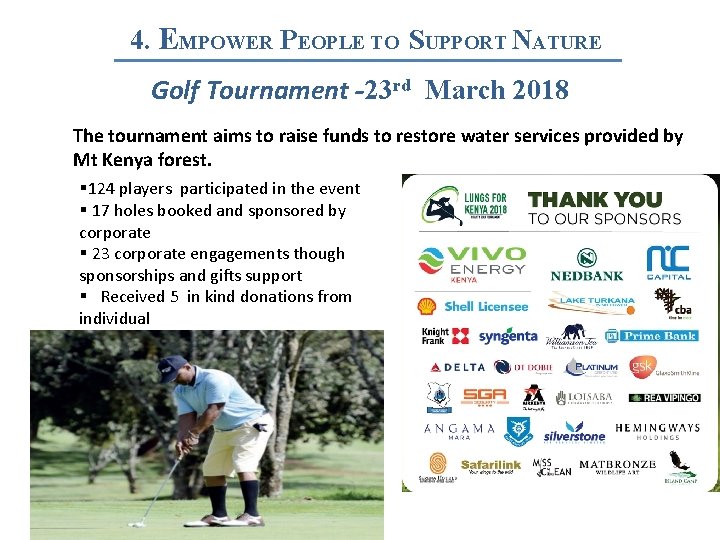 4. EMPOWER PEOPLE TO SUPPORT NATURE Golf Tournament -23 rd March 2018 The tournament