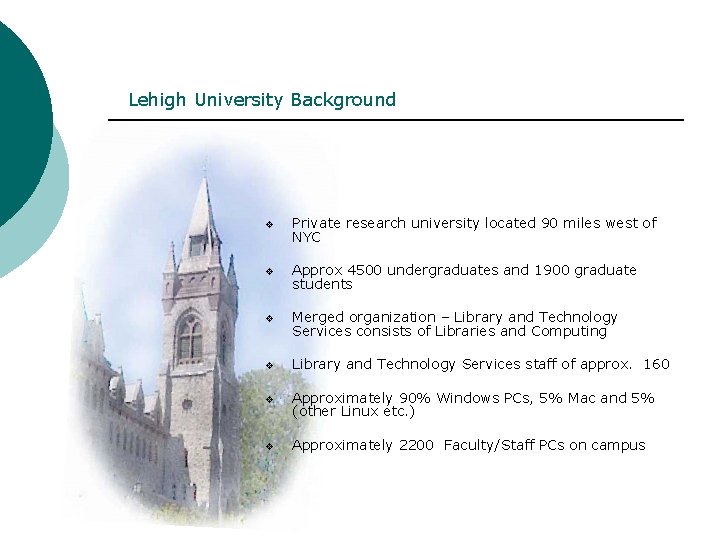 Lehigh University Background v Private research university located 90 miles west of NYC v
