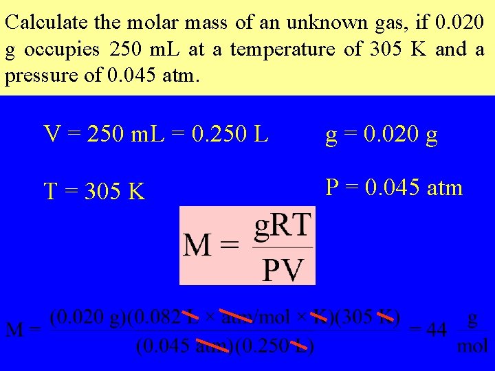 Calculate the molar mass of an unknown gas, if 0. 020 g occupies 250