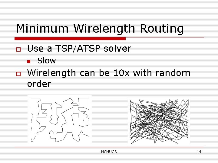 Minimum Wirelength Routing o Use a TSP/ATSP solver n o Slow Wirelength can be