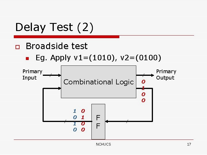 Delay Test (2) o Broadside test n Eg. Apply v 1=(1010), v 2=(0100) Primary