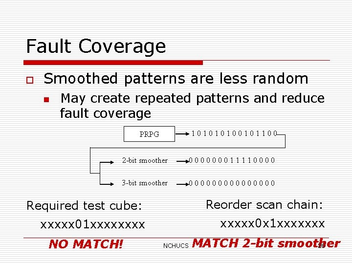 Fault Coverage o Smoothed patterns are less random n May create repeated patterns and