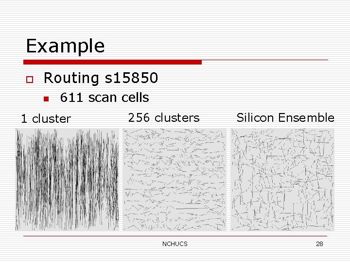 Example o Routing s 15850 n 611 scan cells 1 cluster 256 clusters NCHUCS
