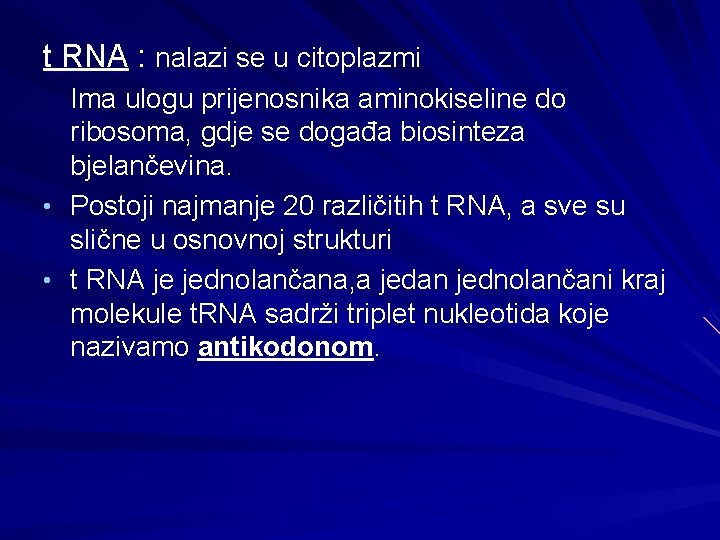 t RNA : nalazi se u citoplazmi Ima ulogu prijenosnika aminokiseline do ribosoma, gdje