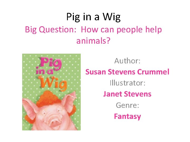 Pig in a Wig Big Question: How can people help animals? Author: Susan Stevens