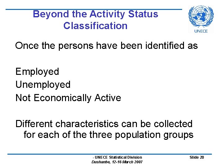 Beyond the Activity Status Classification Once the persons have been identified as Employed Unemployed