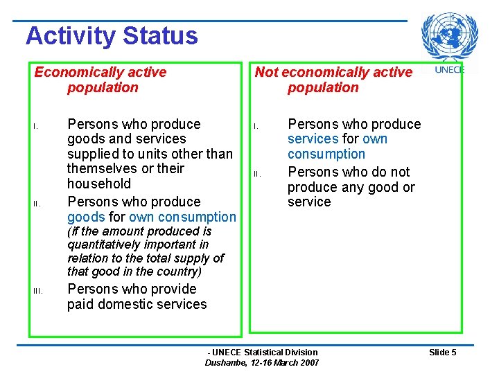 Activity Status Economically active population I. II. Not economically active population Persons who produce