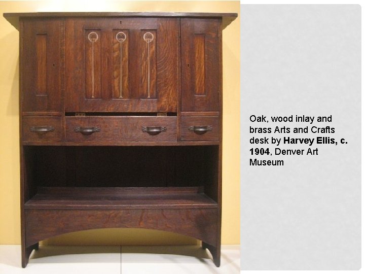 Oak, wood inlay and brass Arts and Crafts desk by Harvey Ellis, c. 1904,