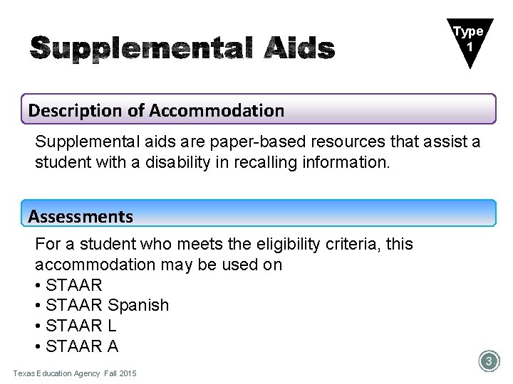 Type 1 Description of Accommodation Supplemental aids are paper-based resources that assist a student
