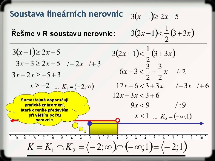 Soustava lineárních nerovnic Řešme v R soustavu nerovnic: Samozřejmě doporučuji grafické znázornění, které oceníte