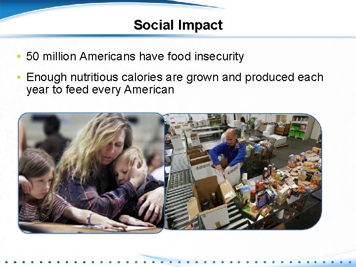 Social Impact • 50 million Americans have food insecurity • Enough nutritious calories are