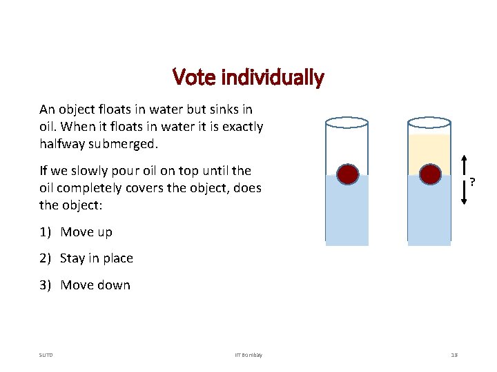 Vote individually An object floats in water but sinks in oil. When it floats