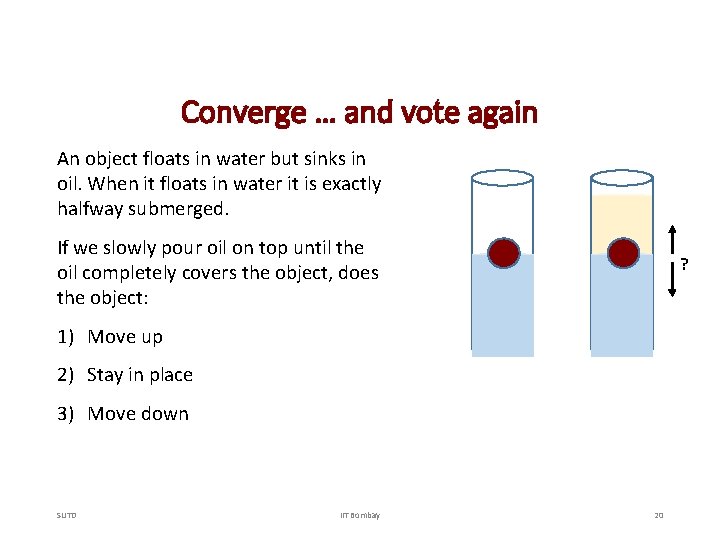 Converge … and vote again An object floats in water but sinks in oil.