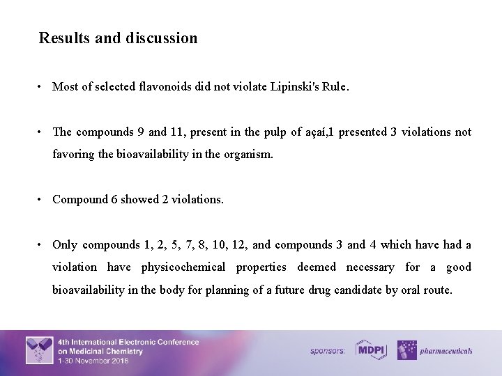 Results and discussion • Most of selected flavonoids did not violate Lipinski's Rule. •