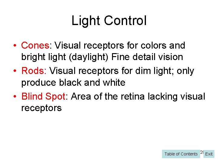 Light Control • Cones: Visual receptors for colors and bright light (daylight) Fine detail