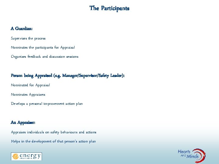 The Participants A Guardian: Supervises the process Nominates the participants for Appraisal Organises feedback