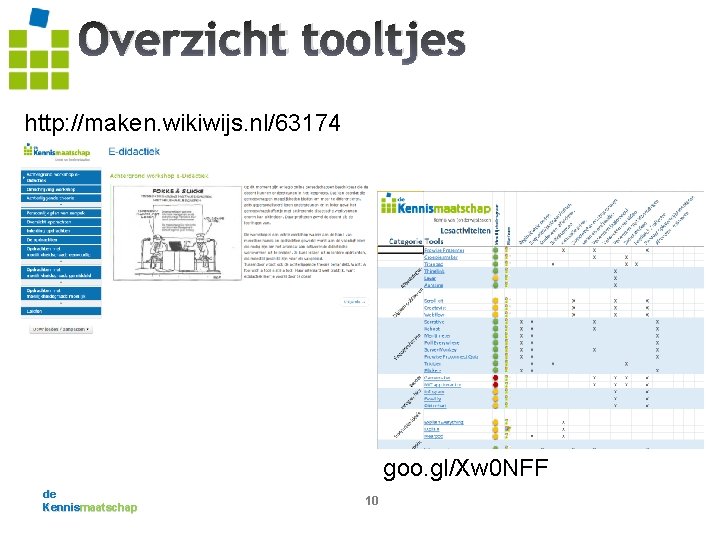 Overzicht tooltjes http: //maken. wikiwijs. nl/63174 goo. gl/Xw 0 NFF de Kennismaatschap 10 