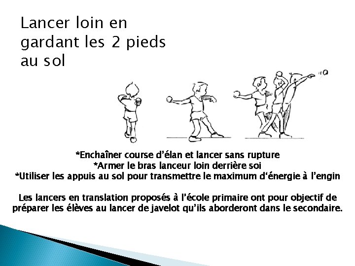 Lancer loin en gardant les 2 pieds au sol *Enchaîner course d’élan et lancer