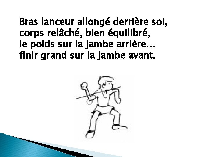 Bras lanceur allongé derrière soi, corps relâché, bien équilibré, le poids sur la jambe