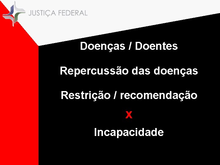 Doenças / Doentes Repercussão das doenças Restrição / recomendação. x. Incapacidade 