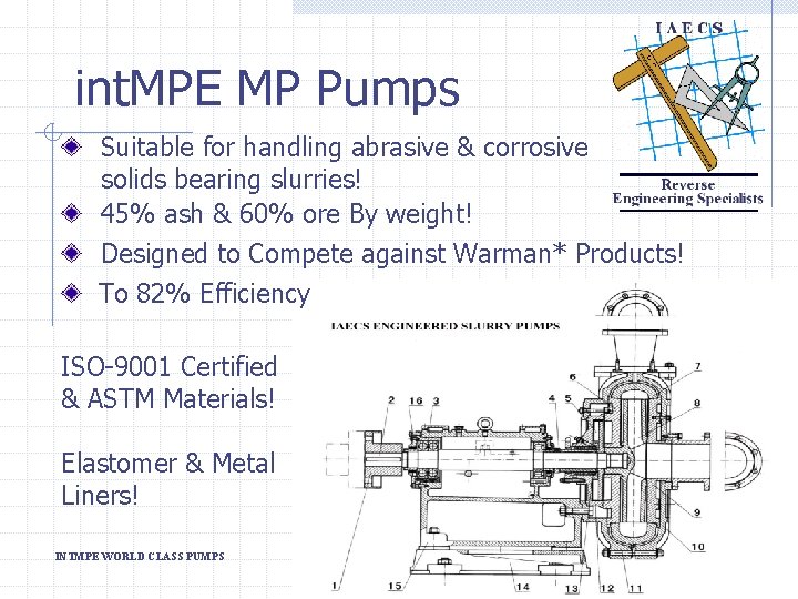 int. MPE MP Pumps Suitable for handling abrasive & corrosive solids bearing slurries! 45%