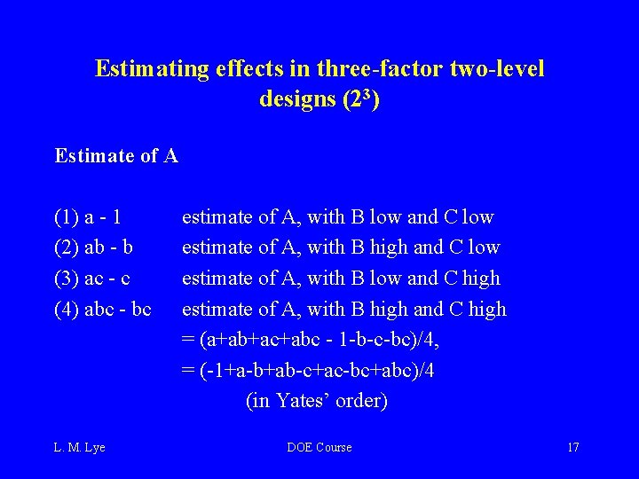 Estimating effects in three-factor two-level designs (23) Estimate of A (1) a - 1