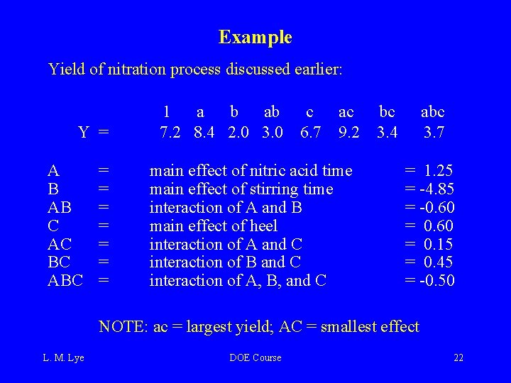 Example Yield of nitration process discussed earlier: Y = A B AB C AC