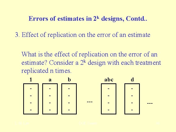 Errors of estimates in 2 k designs, Contd. . 3. Effect of replication on
