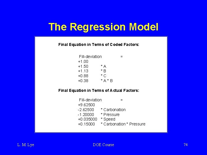 The Regression Model Final Equation in Terms of Coded Factors: Fill-deviation +1. 00 +1.