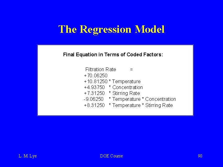 The Regression Model Final Equation in Terms of Coded Factors: Filtration Rate = +70.