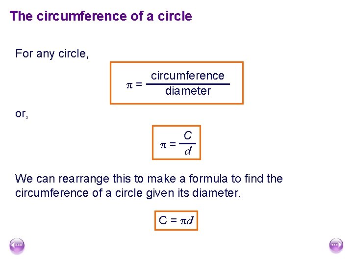 The circumference of a circle For any circle, circumference π= diameter or, C π=