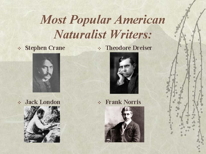 Most Popular American Naturalist Writers: v Stephen Crane v Theodore Dreiser v Jack London