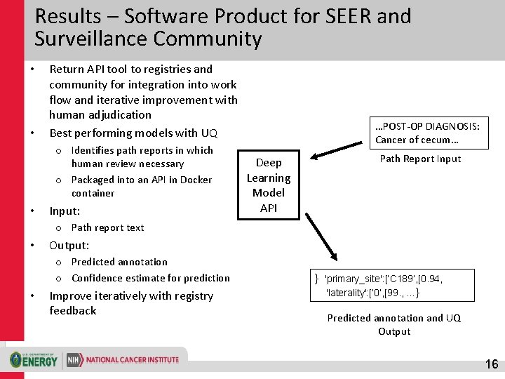 Results – Software Product for SEER and Surveillance Community • • Return API tool
