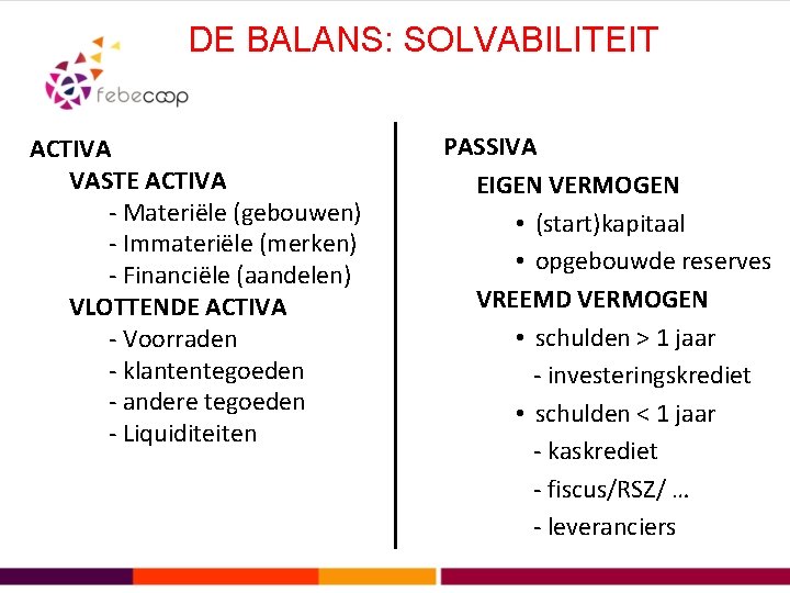 DE BALANS: SOLVABILITEIT ACTIVA VASTE ACTIVA - Materiële (gebouwen) - Immateriële (merken) - Financiële