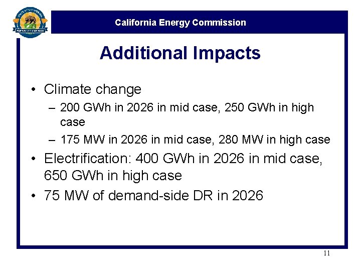 California Energy Commission Additional Impacts • Climate change – 200 GWh in 2026 in