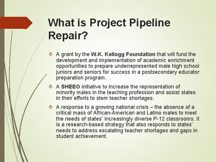What is Project Pipeline Repair? A grant by the W. K. Kellogg Foundation that