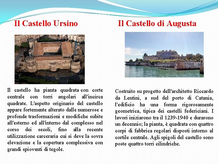 Il Castello Ursino Il castello ha pianta quadrata con corte centrale con torri angolari