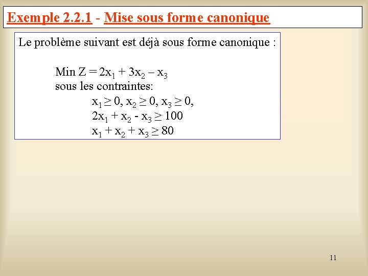 Exemple 2. 2. 1 - Mise sous forme canonique Le problème suivant est déjà