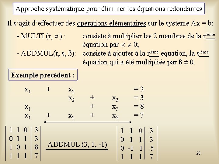 Approche systématique pour éliminer les équations redondantes Il s’agit d’effectuer des opérations élémentaires sur