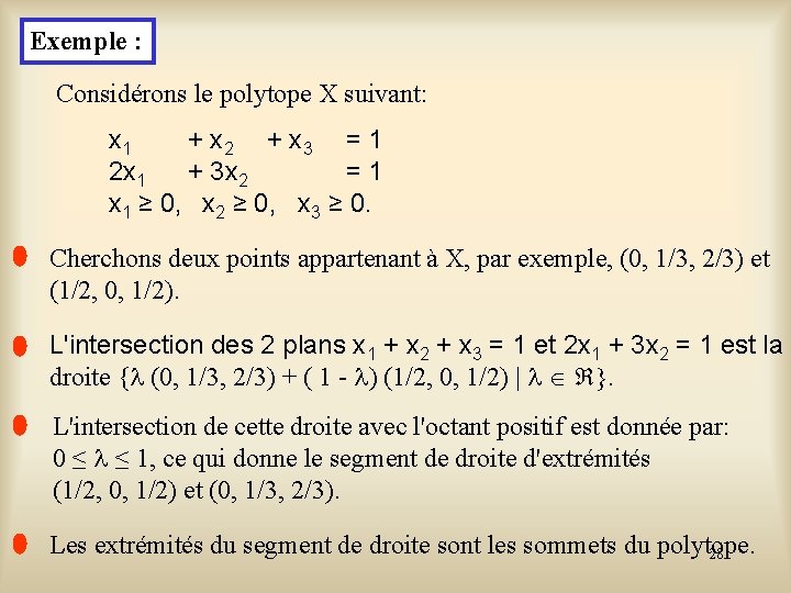 Exemple : Considérons le polytope X suivant: x 1 + x 2 + x