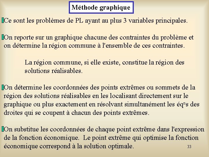 Méthode graphique Ce sont les problèmes de PL ayant au plus 3 variables principales.