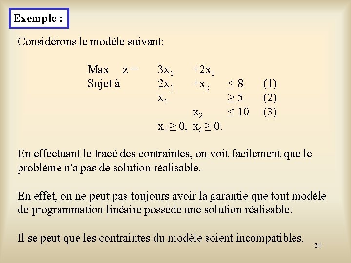 Exemple : Considérons le modèle suivant: Max z = Sujet à 3 x 1