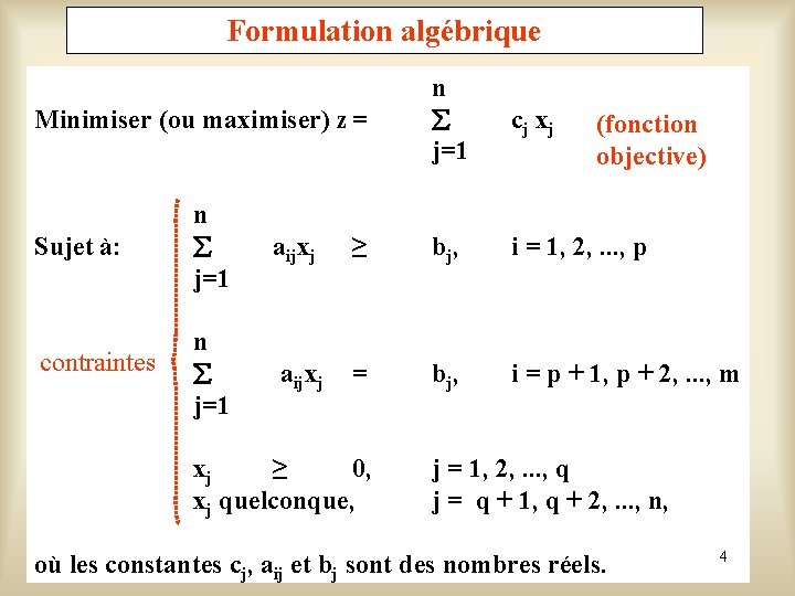 Formulation algébrique Minimiser (ou maximiser) z = n j=1 cj xj Sujet à: (fonction
