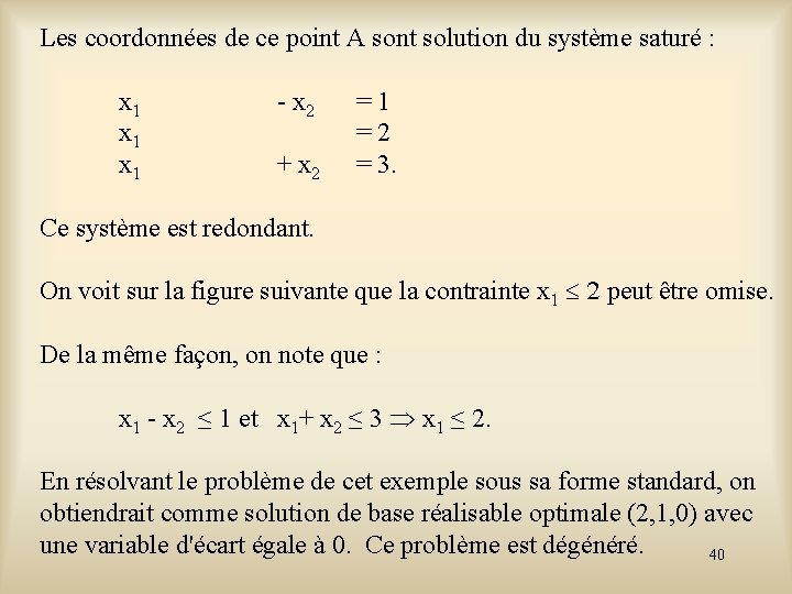 Les coordonnées de ce point A sont solution du système saturé : x 1