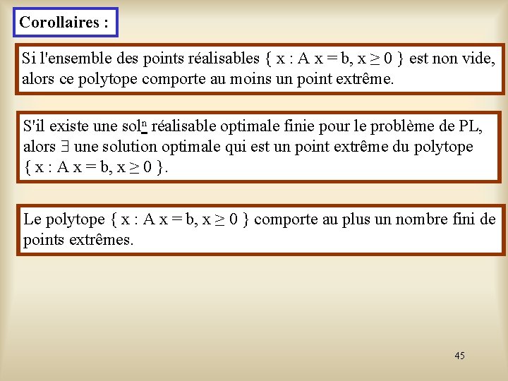 Corollaires : Si l'ensemble des points réalisables { x : A x = b,