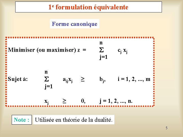 1 e formulation équivalente Forme canonique Minimiser (ou maximiser) z = n j=1 cj