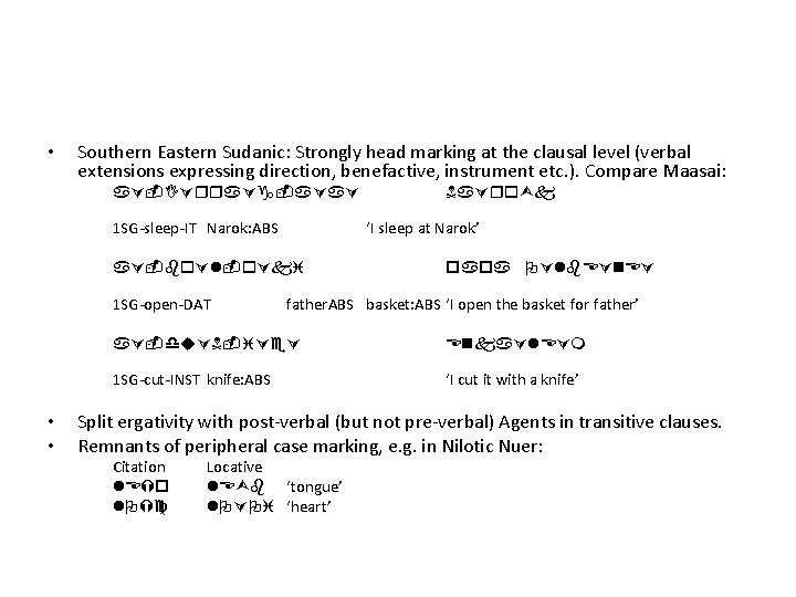  • Southern Eastern Sudanic: Strongly head marking at the clausal level (verbal extensions