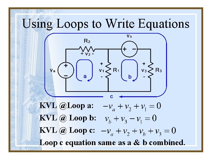 Using Loops to Write Equations KVL @Loop a: KVL @ Loop b: KVL @