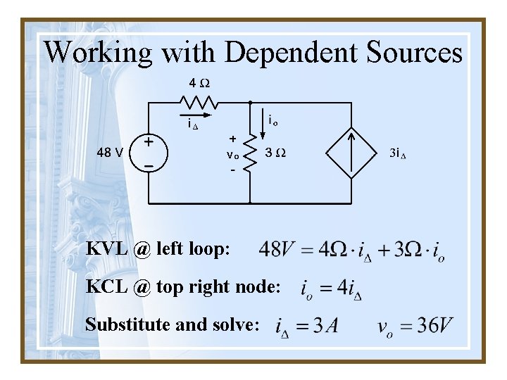 Working with Dependent Sources KVL @ left loop: KCL @ top right node: Substitute