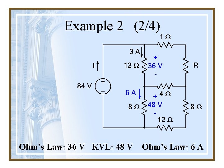 Example 2 (2/4) Ohm’s Law: 36 V KVL: 48 V Ohm’s Law: 6 A